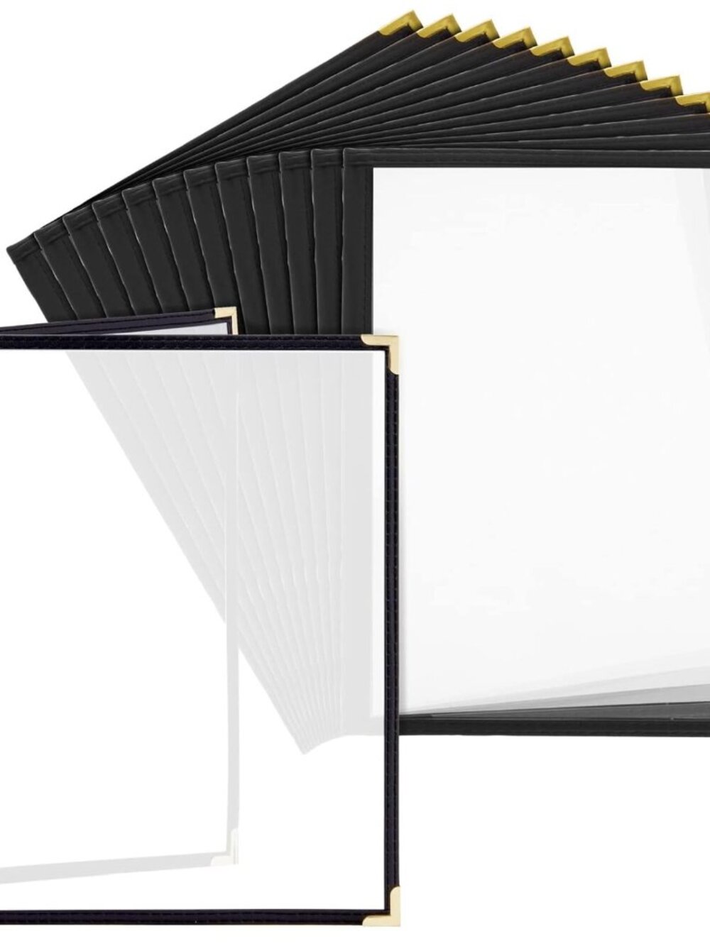 Clear Menu Covers 8x11 in 4 View - 12-Pack, Letter Size Black PU Leather - Doubl